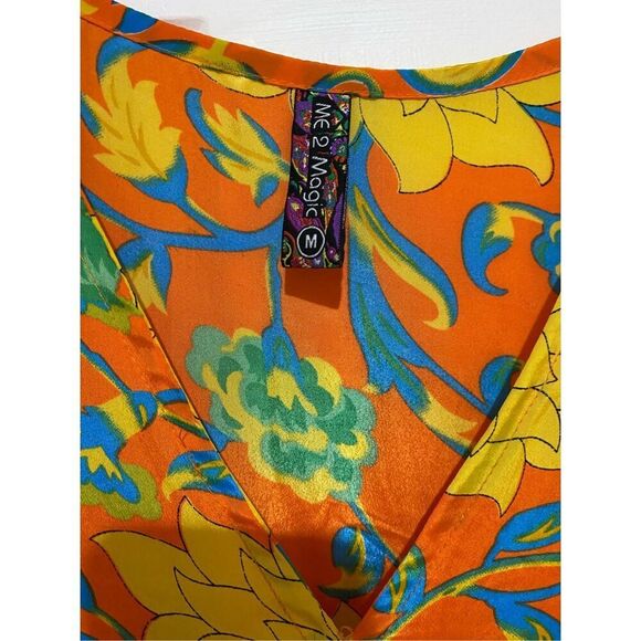 Vintage Me 2 Magic Women’s Medium Vibrant Orange Yellow Floral Maxi Dress Tie - Picture 4 of 9